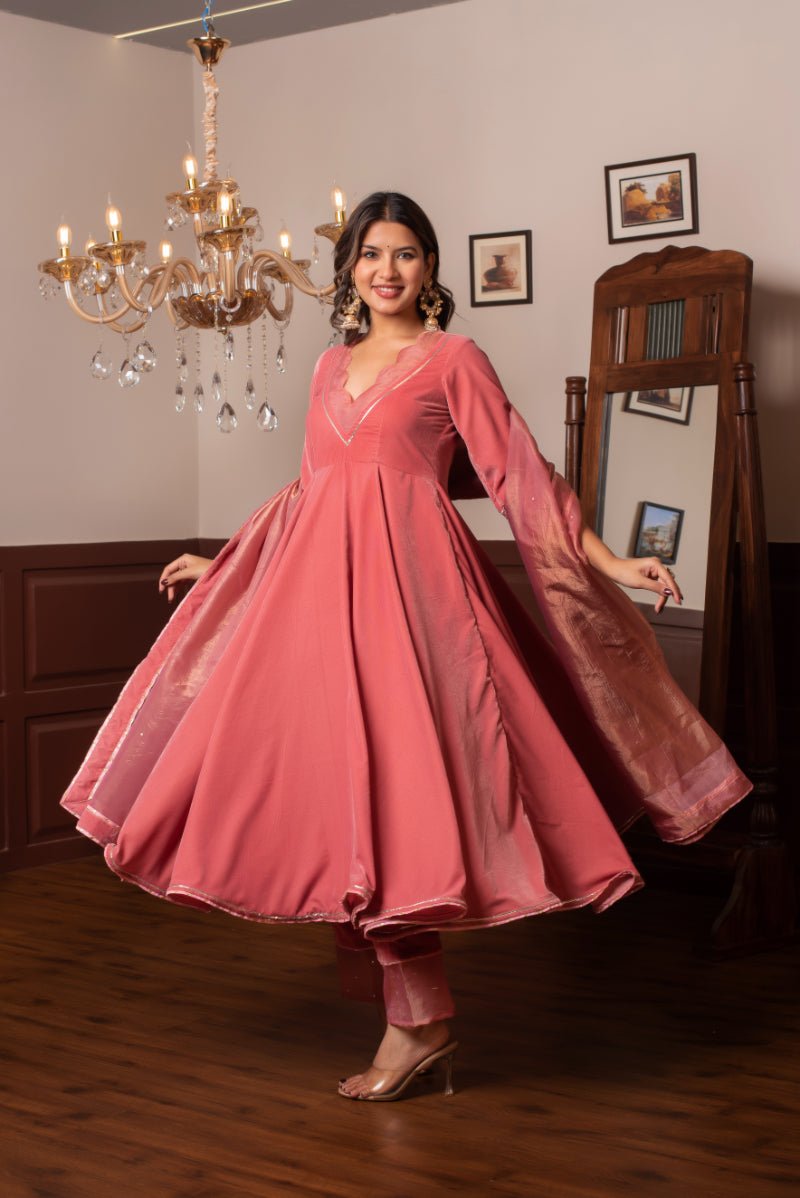 GHAZAL PEACH VELVET ANARKALI SET WITH COSMOS SILK DUPATTA - Pomcha Jaipur