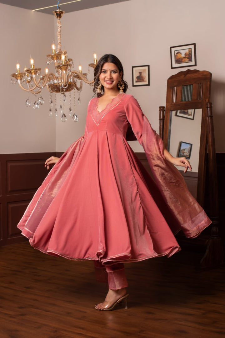 GHAZAL PEACH VELVET ANARKALI SET WITH COSMOS SILK DUPATTA - Pomcha Jaipur