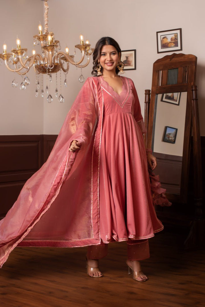 GHAZAL PEACH VELVET ANARKALI SET WITH COSMOS SILK DUPATTA - Pomcha Jaipur