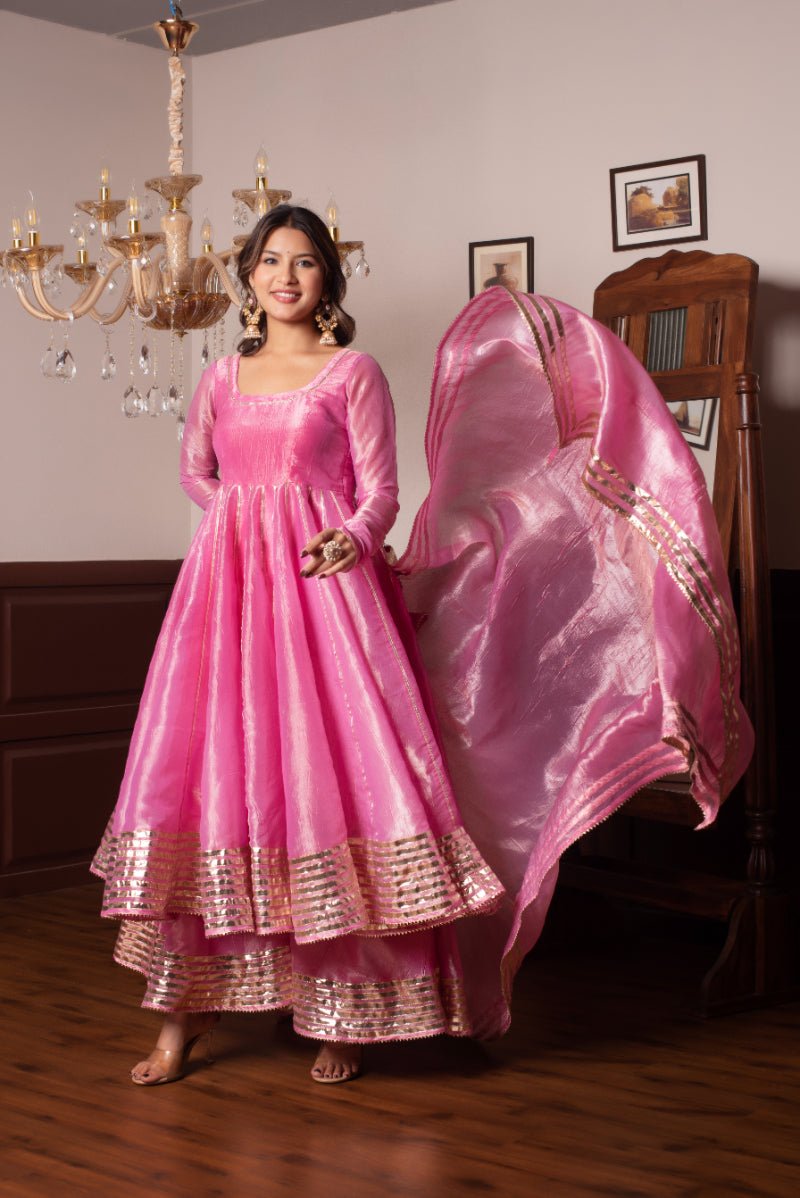 GHAZAL PINK COSMOS SILK GOTA PATTI ANARKALI SET WITH COSMOS SILK DUPATTA - Pomcha Jaipur