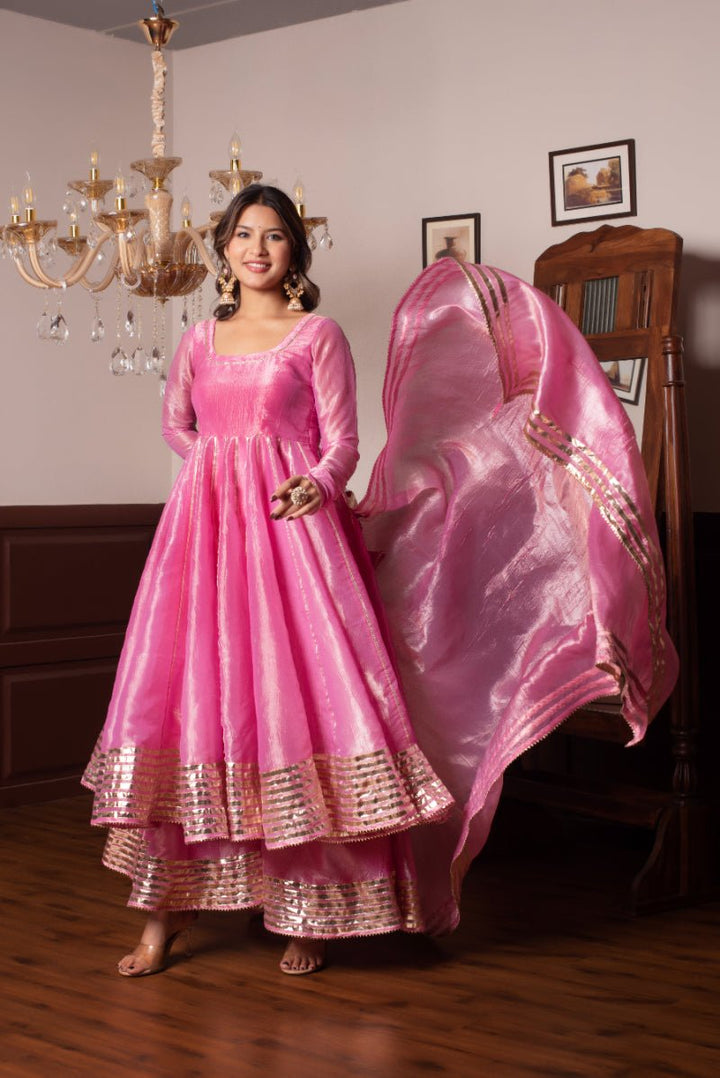 GHAZAL PINK COSMOS SILK GOTA PATTI ANARKALI SET WITH COSMOS SILK DUPATTA - Pomcha Jaipur