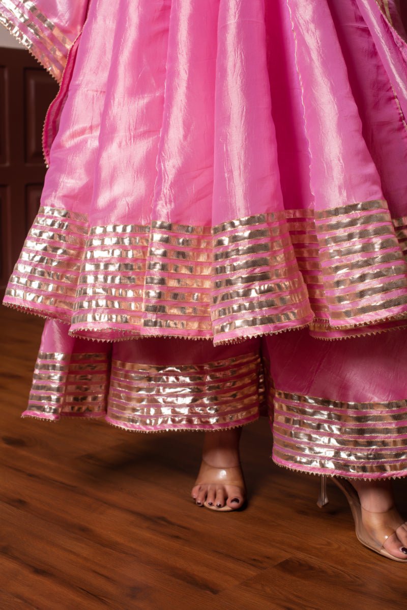 GHAZAL PINK COSMOS SILK GOTA PATTI ANARKALI SET WITH COSMOS SILK DUPATTA - Pomcha Jaipur