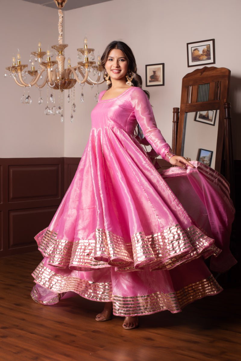 GHAZAL PINK COSMOS SILK GOTA PATTI ANARKALI SET WITH COSMOS SILK DUPATTA - Pomcha Jaipur