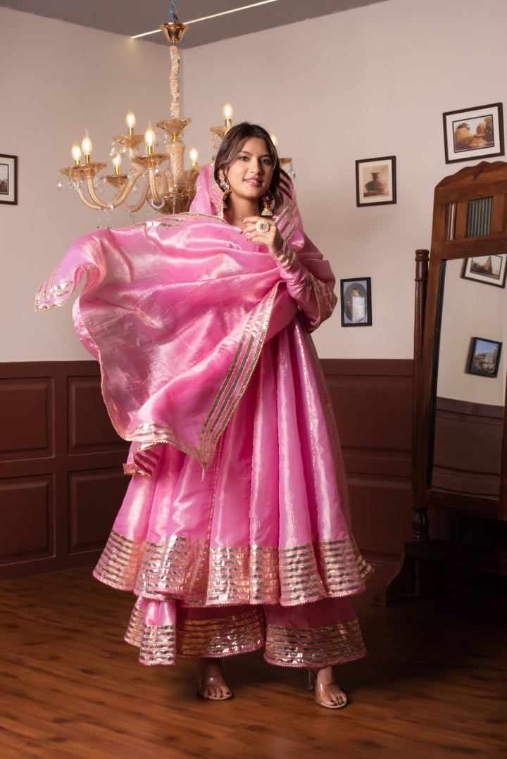 GHAZAL PINK COSMOS SILK GOTA PATTI ANARKALI SET WITH COSMOS SILK DUPATTA - Pomcha Jaipur
