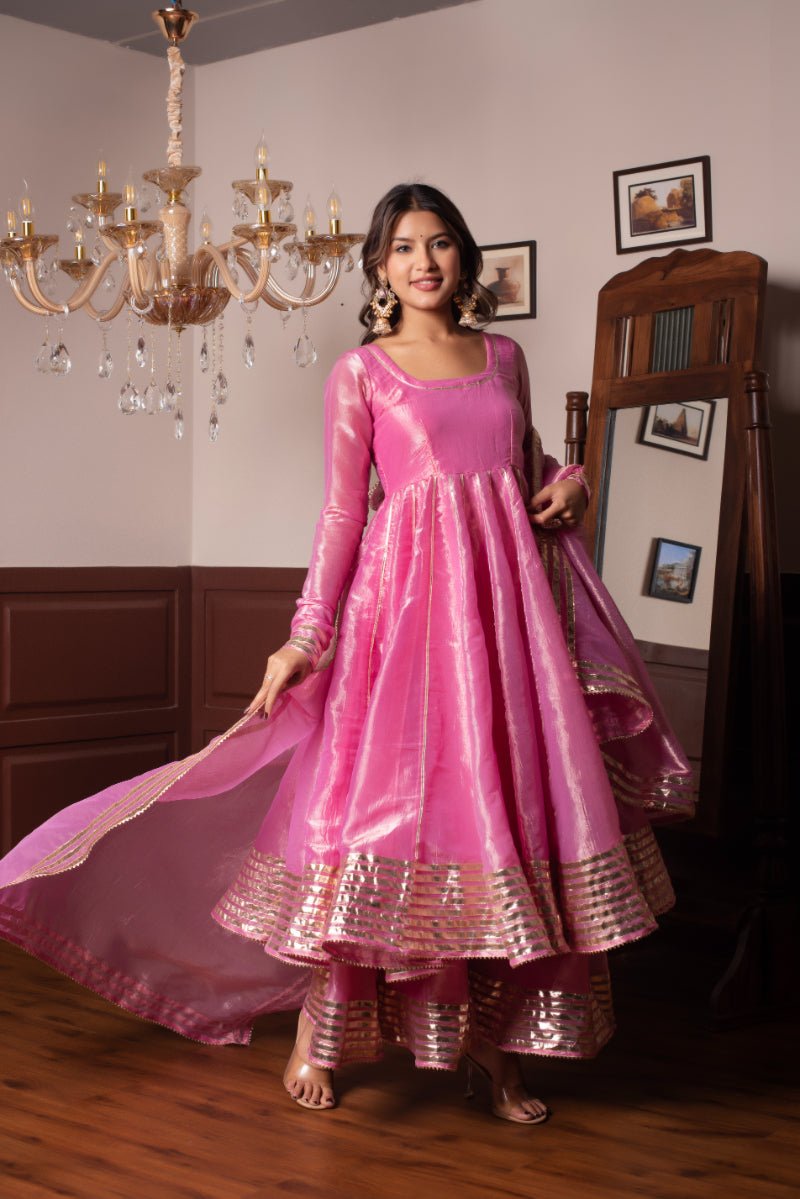 GHAZAL PINK COSMOS SILK GOTA PATTI ANARKALI SET WITH COSMOS SILK DUPATTA - Pomcha Jaipur