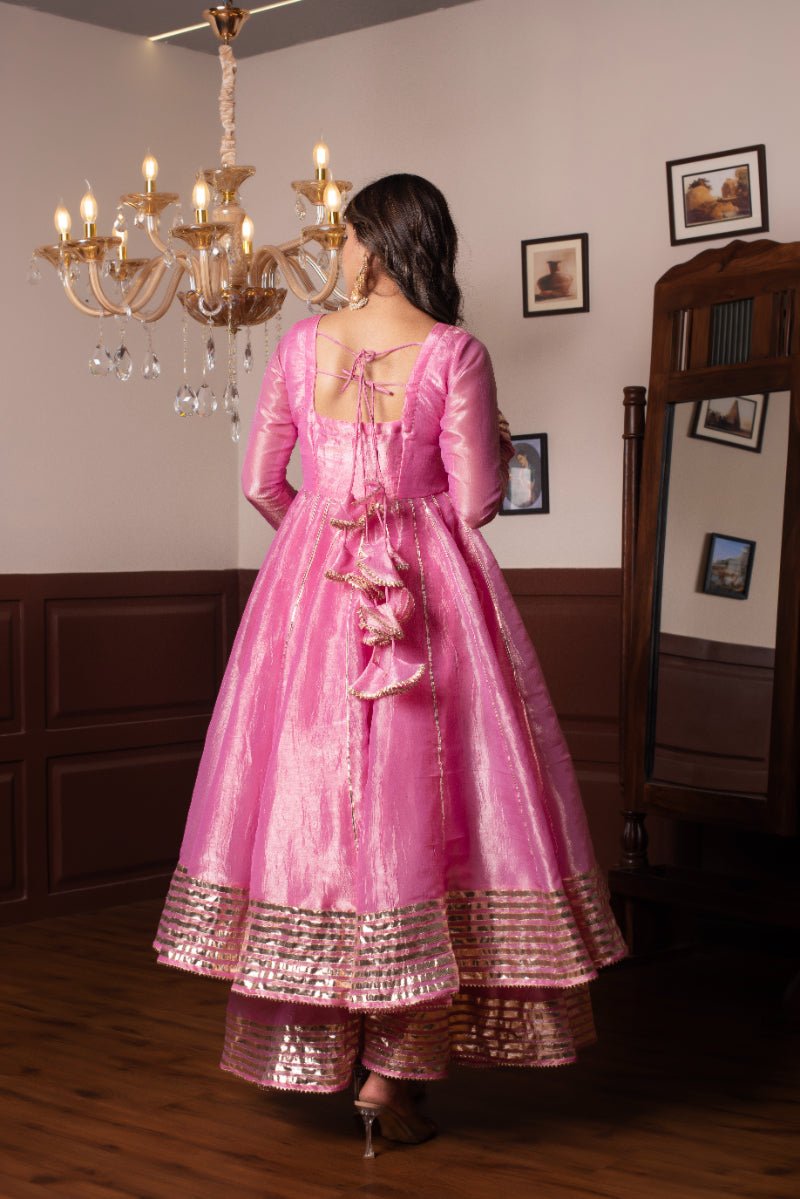 GHAZAL PINK COSMOS SILK GOTA PATTI ANARKALI SET WITH COSMOS SILK DUPATTA - Pomcha Jaipur
