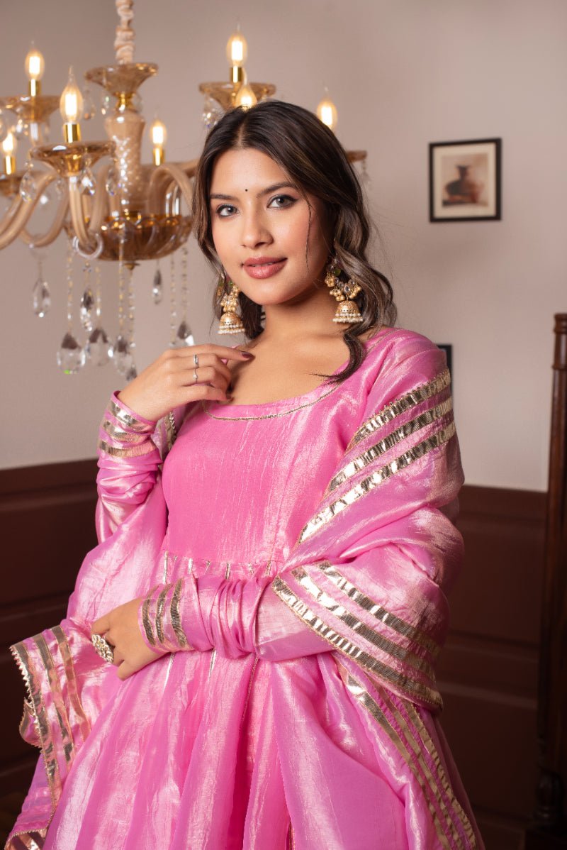 GHAZAL PINK COSMOS SILK GOTA PATTI ANARKALI SET WITH COSMOS SILK DUPATTA - Pomcha Jaipur