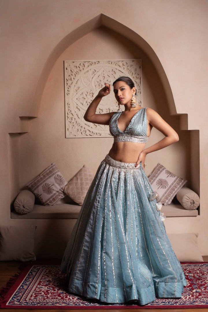 GHAZAL POWDER BLUE GOTA PATI SILK LEHENGA SET WITH SILK DUPATTA - Pomcha Jaipur