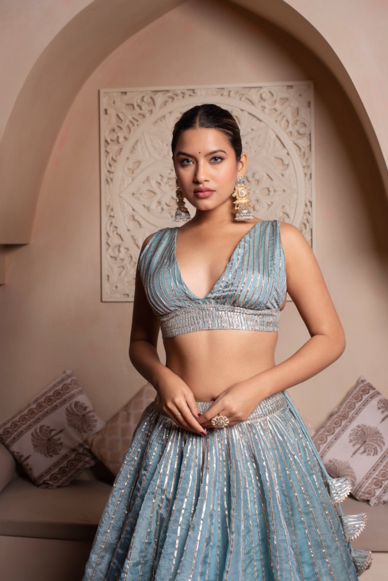 GHAZAL POWDER BLUE GOTA PATI SILK LEHENGA SET WITH SILK DUPATTA - Pomcha Jaipur