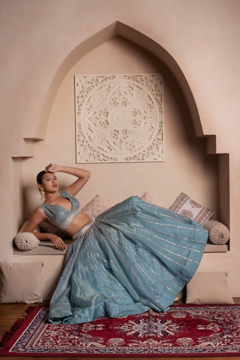GHAZAL POWDER BLUE GOTA PATI SILK LEHENGA SET WITH SILK DUPATTA - Pomcha Jaipur