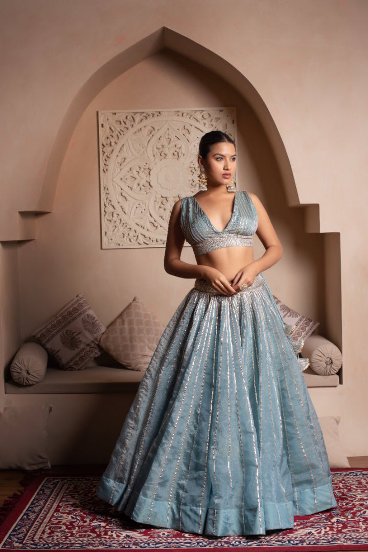 GHAZAL POWDER BLUE GOTA PATI SILK LEHENGA SET WITH SILK DUPATTA - Pomcha Jaipur