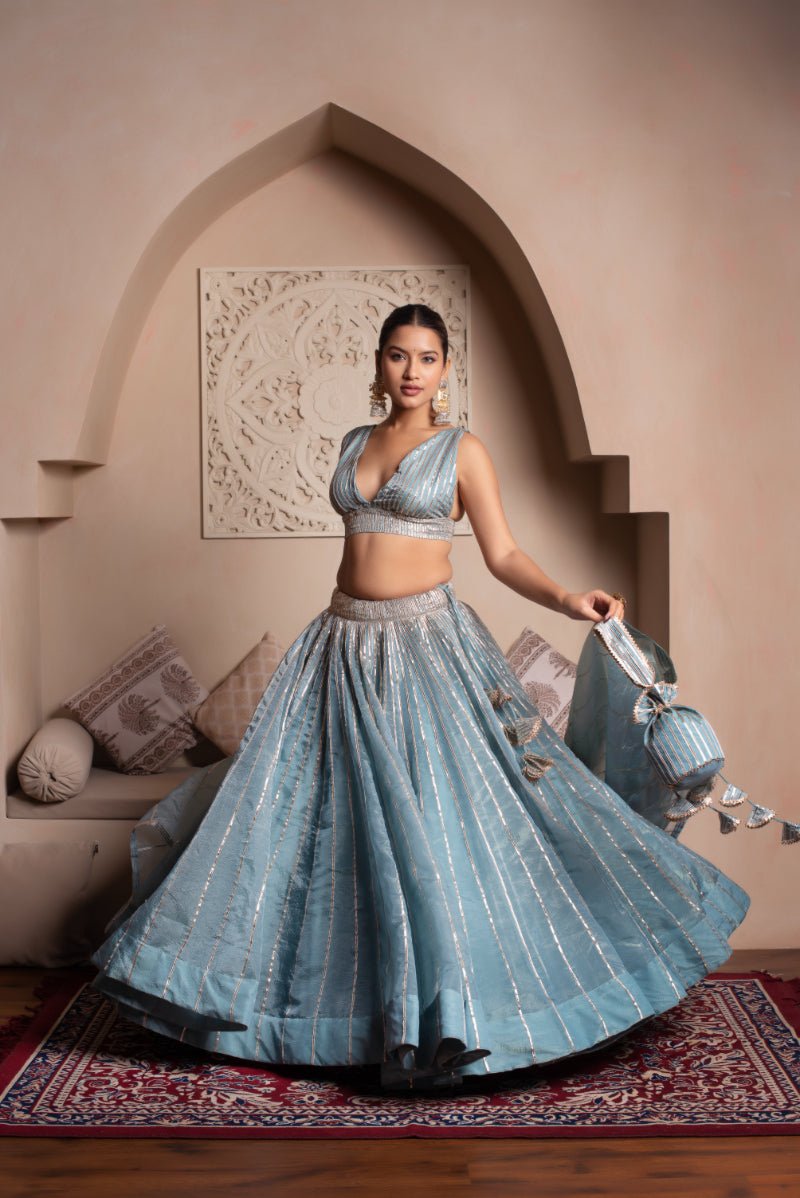 GHAZAL POWDER BLUE GOTA PATI SILK LEHENGA SET WITH SILK DUPATTA - Pomcha Jaipur
