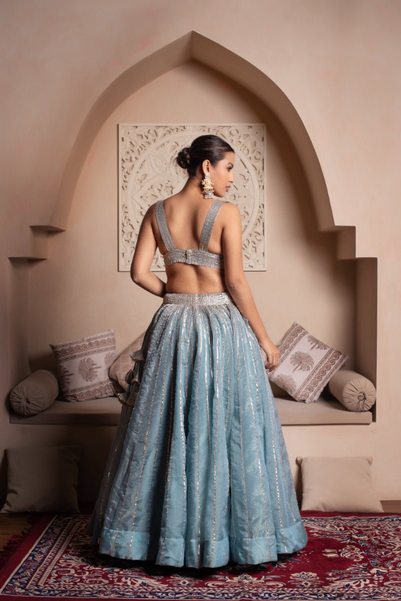 GHAZAL POWDER BLUE GOTA PATI SILK LEHENGA SET WITH SILK DUPATTA - Pomcha Jaipur