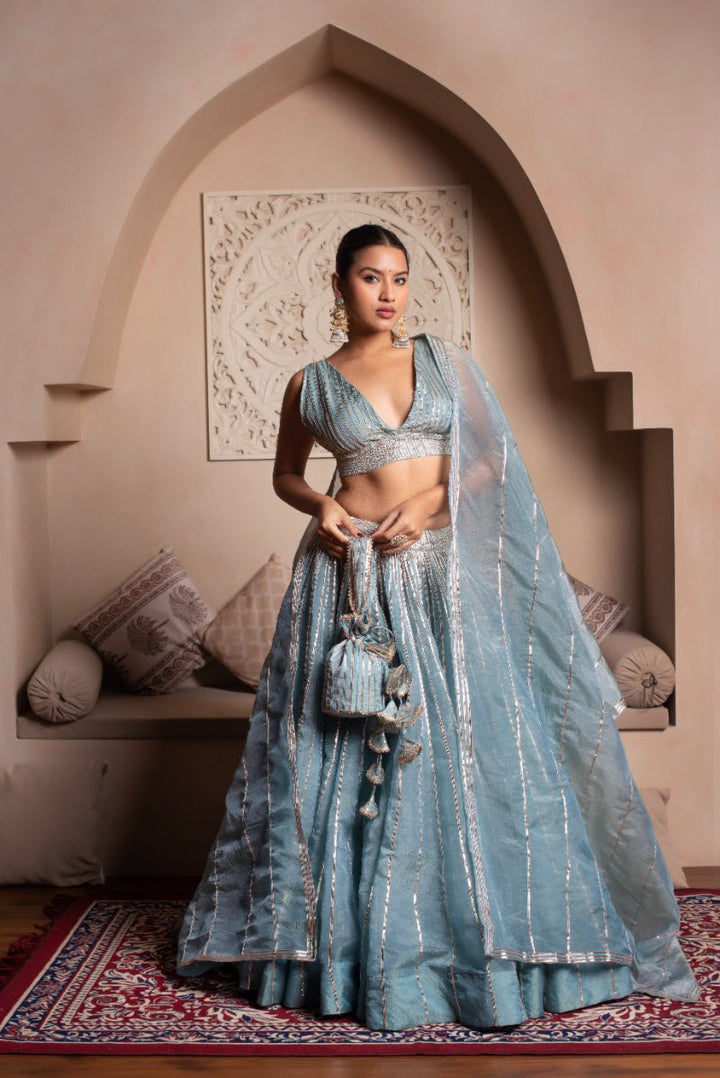GHAZAL POWDER BLUE GOTA PATI SILK LEHENGA SET WITH SILK DUPATTA - Pomcha Jaipur