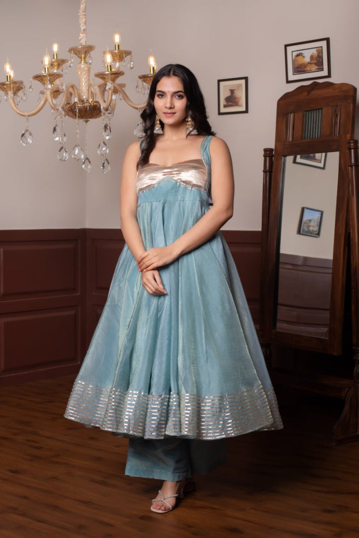 GHAZAL POWDER BLUE SILK GOTA PATTI ANARKALI WITH SILK DUPATTA - Pomcha Jaipur