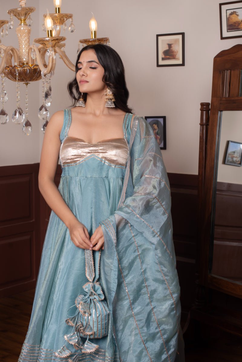 GHAZAL POWDER BLUE SILK GOTA PATTI ANARKALI WITH SILK DUPATTA - Pomcha Jaipur