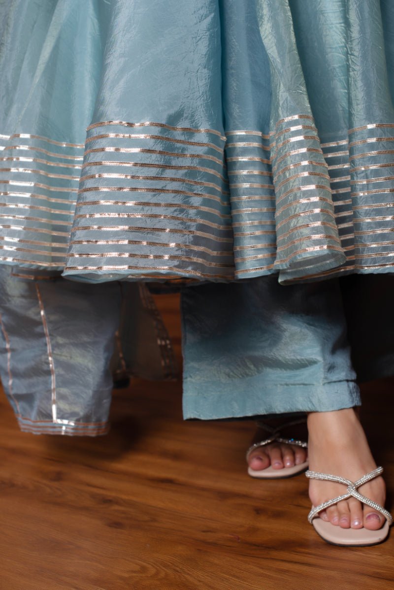 GHAZAL POWDER BLUE SILK GOTA PATTI ANARKALI WITH SILK DUPATTA - Pomcha Jaipur
