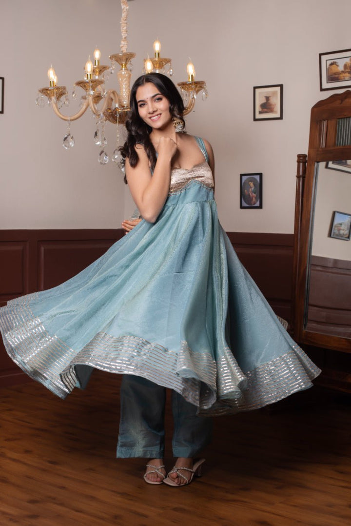 GHAZAL POWDER BLUE SILK GOTA PATTI ANARKALI WITH SILK DUPATTA - Pomcha Jaipur