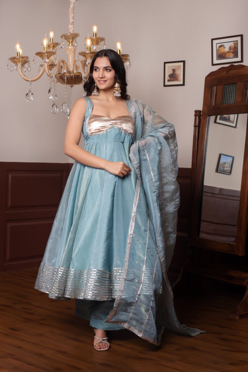 GHAZAL POWDER BLUE SILK GOTA PATTI ANARKALI WITH SILK DUPATTA - Pomcha Jaipur