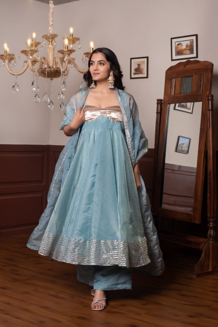 GHAZAL POWDER BLUE SILK GOTA PATTI ANARKALI WITH SILK DUPATTA - Pomcha Jaipur