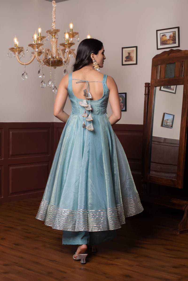 GHAZAL POWDER BLUE SILK GOTA PATTI ANARKALI WITH SILK DUPATTA - Pomcha Jaipur