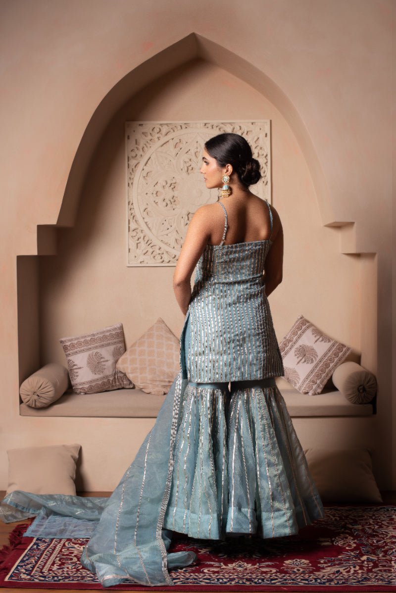 GHAZAL POWDER BLUE SILK GOTA PATTI SHARARA SET WITH SILK DUPATTA - Pomcha Jaipur