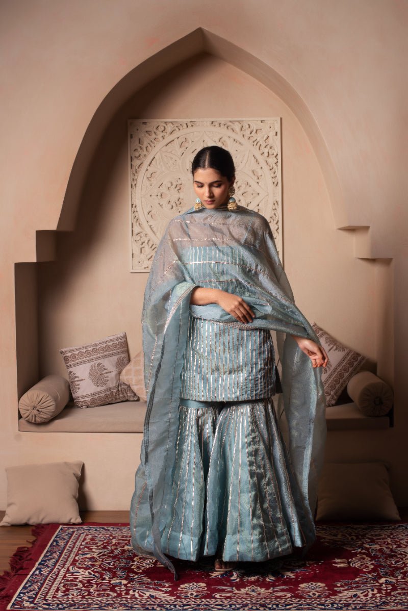 GHAZAL POWDER BLUE SILK GOTA PATTI SHARARA SET WITH SILK DUPATTA - Pomcha Jaipur