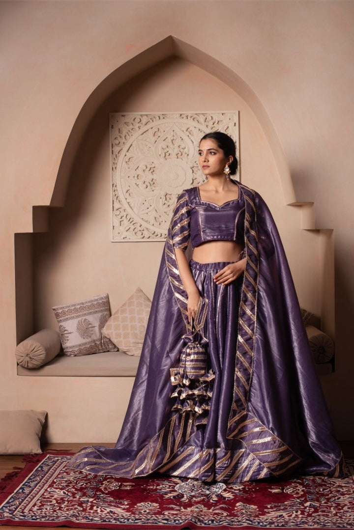 GHAZAL PURPLE SILK GOTA PATTI LEHENGA SET WITH SILK DUPATTA - Pomcha Jaipur