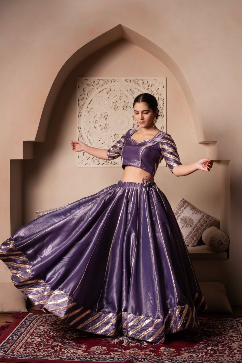GHAZAL PURPLE SILK GOTA PATTI LEHENGA SET WITH SILK DUPATTA - Pomcha Jaipur