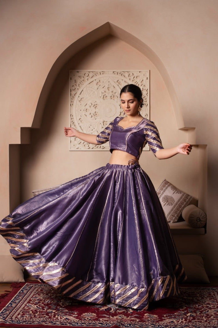 GHAZAL PURPLE SILK GOTA PATTI LEHENGA SET WITH SILK DUPATTA - Pomcha Jaipur