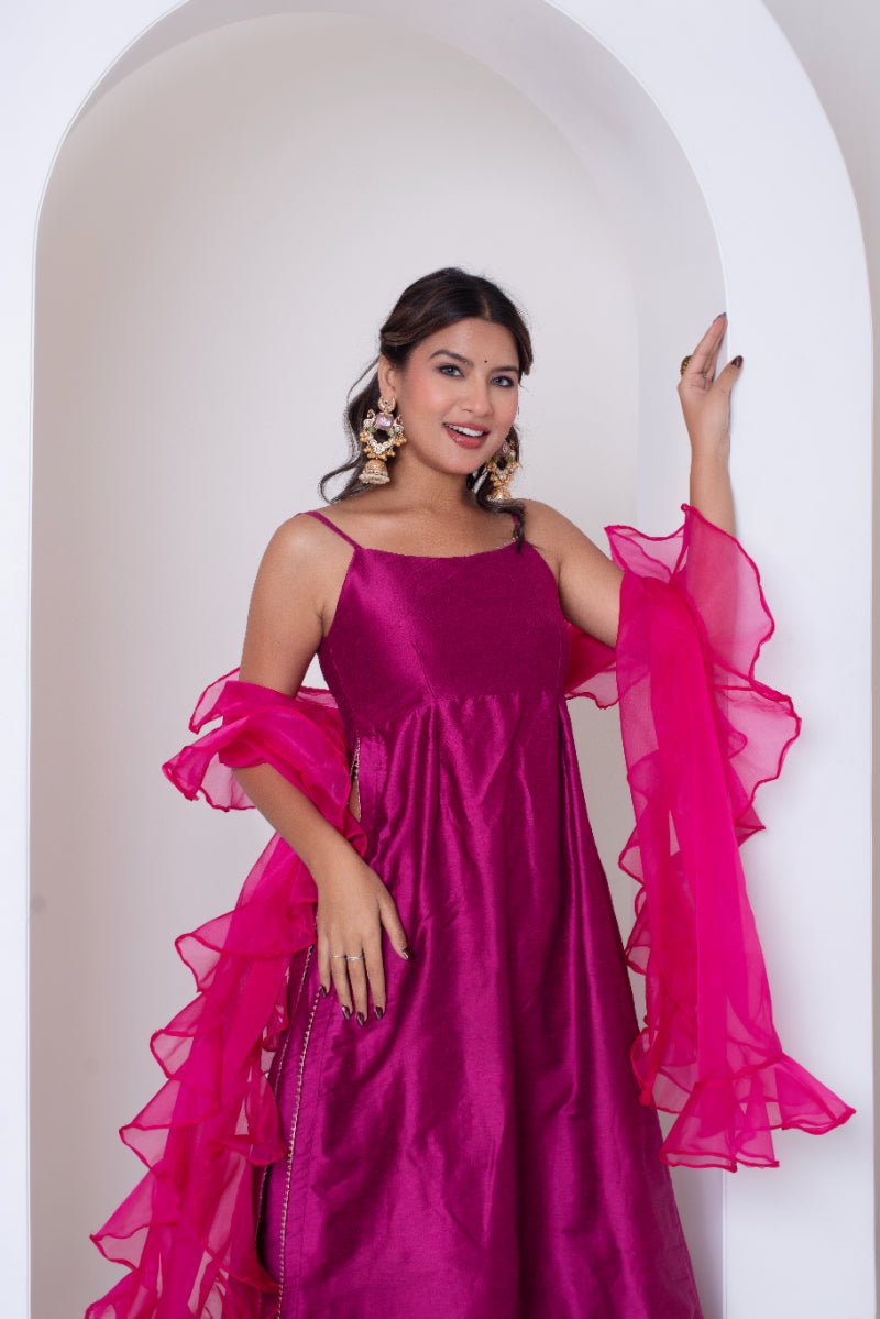 GHAZAL RAANI PINK COTTON SILK SUIT SET FRILL ORGANZA DUPATTA - Pomcha Jaipur