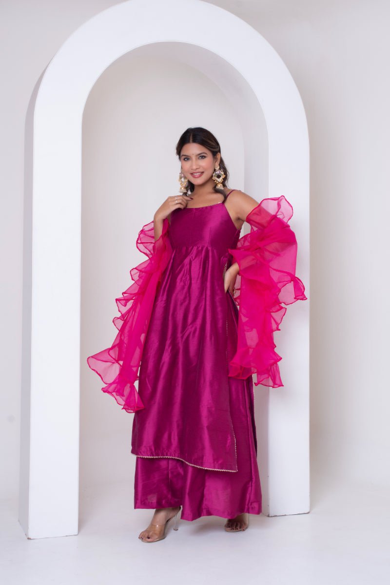 GHAZAL RAANI PINK COTTON SILK SUIT SET FRILL ORGANZA DUPATTA - Pomcha Jaipur