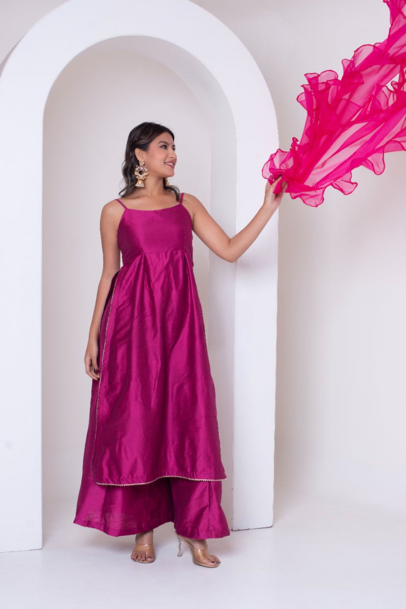 GHAZAL RAANI PINK COTTON SILK SUIT SET FRILL ORGANZA DUPATTA - Pomcha Jaipur