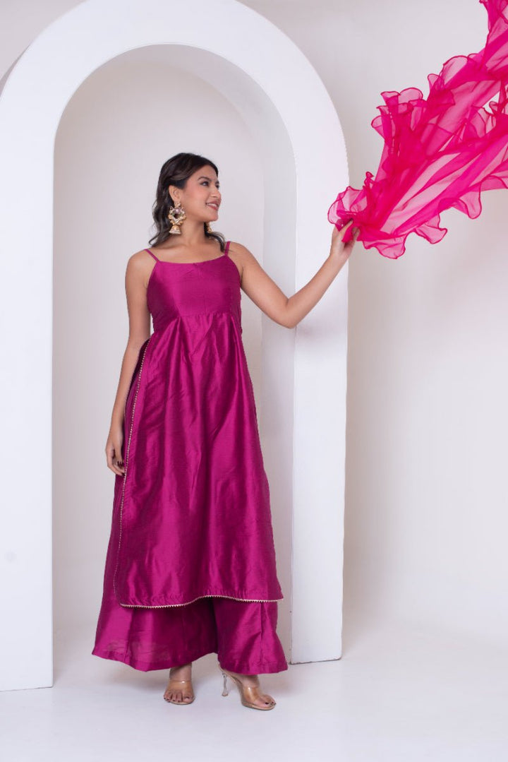 GHAZAL RAANI PINK COTTON SILK SUIT SET FRILL ORGANZA DUPATTA - Pomcha Jaipur
