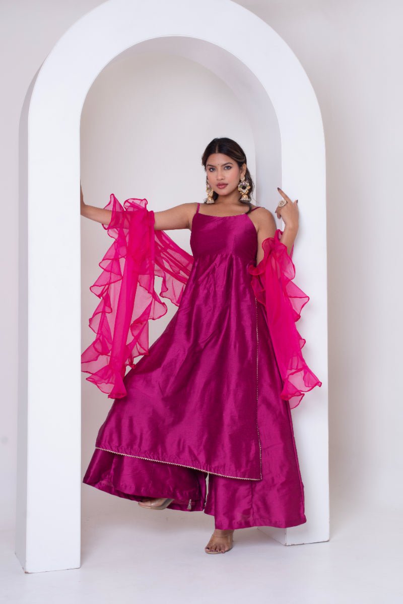 GHAZAL RAANI PINK COTTON SILK SUIT SET FRILL ORGANZA DUPATTA - Pomcha Jaipur
