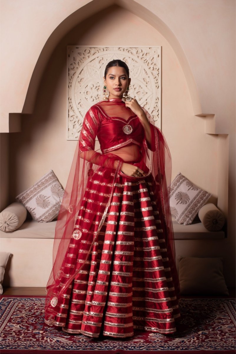 GHAZAL RED TAFFETA SILK GOTA PATTI LEHENGA SET WITH SOFT NET DUPATTA - Pomcha Jaipur