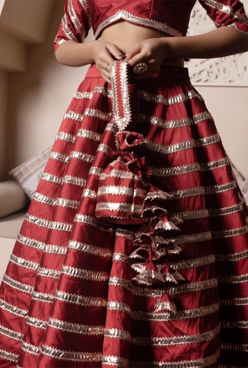 GHAZAL RED TAFFETA SILK GOTA PATTI LEHENGA SET WITH SOFT NET DUPATTA - Pomcha Jaipur