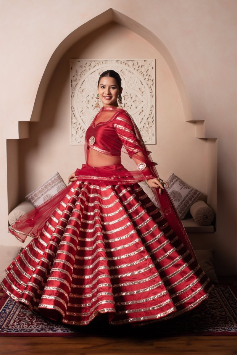 GHAZAL RED TAFFETA SILK GOTA PATTI LEHENGA SET WITH SOFT NET DUPATTA - Pomcha Jaipur