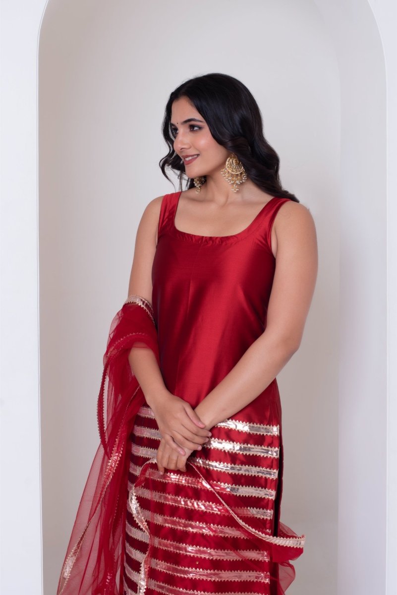 GHAZAL RED TAFFETA SILK GOTA PATTI SUIT SET WITH SOFT NET DUPATTA - Pomcha Jaipur