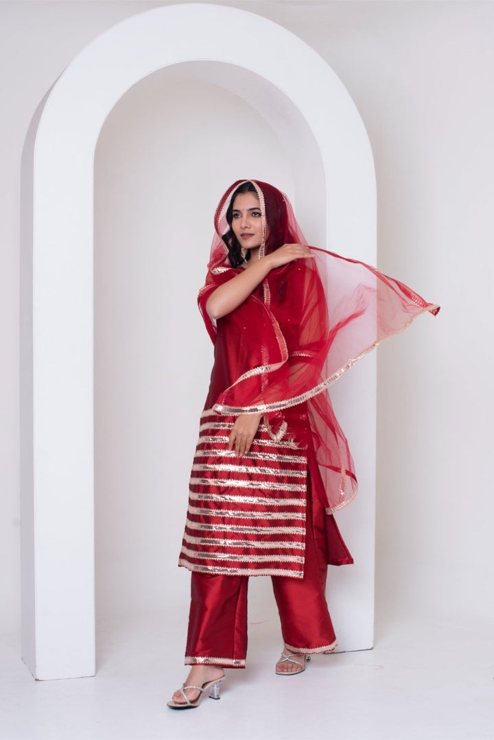 GHAZAL RED TAFFETA SILK GOTA PATTI SUIT SET WITH SOFT NET DUPATTA - Pomcha Jaipur