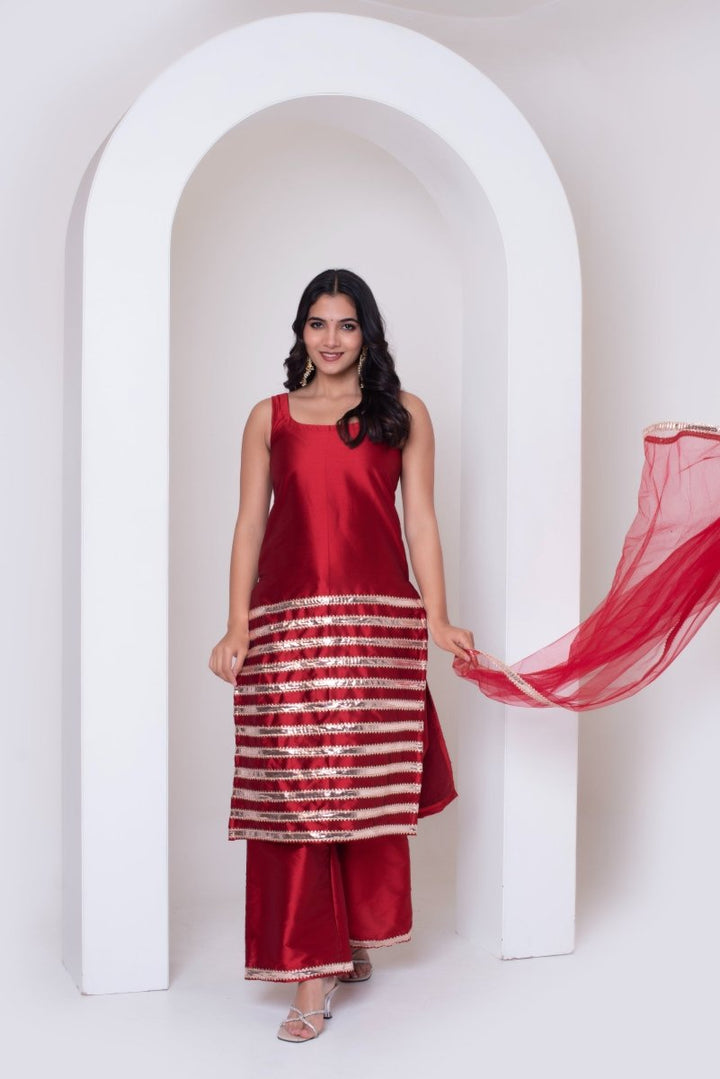 GHAZAL RED TAFFETA SILK GOTA PATTI SUIT SET WITH SOFT NET DUPATTA - Pomcha Jaipur