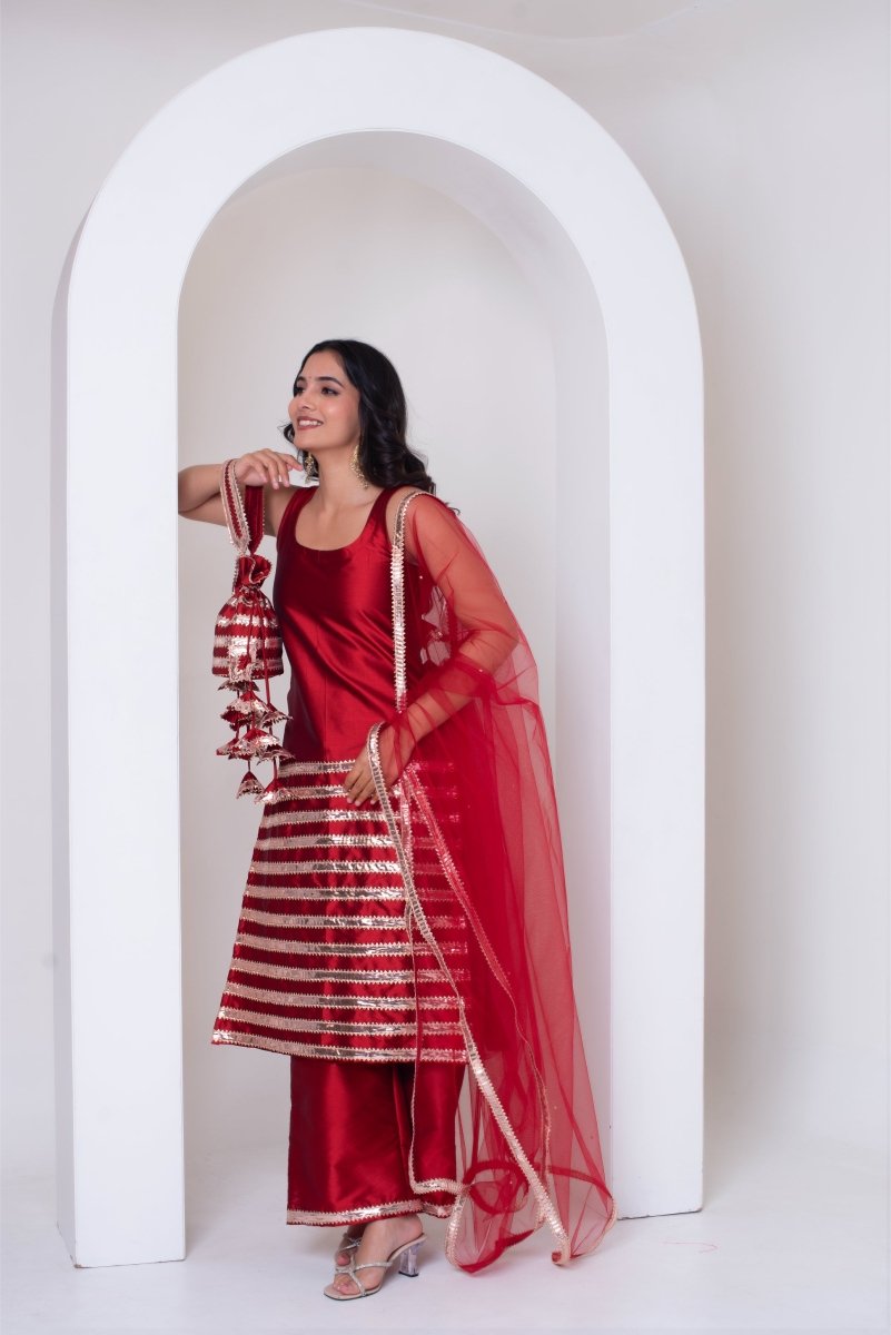 GHAZAL RED TAFFETA SILK GOTA PATTI SUIT SET WITH SOFT NET DUPATTA - Pomcha Jaipur