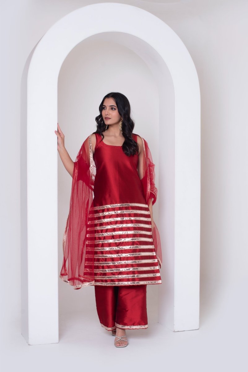 GHAZAL RED TAFFETA SILK GOTA PATTI SUIT SET WITH SOFT NET DUPATTA - Pomcha Jaipur