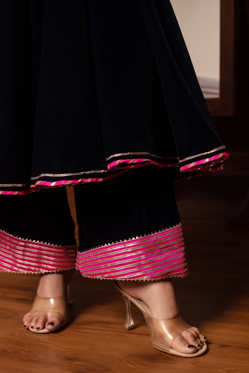 GHAZAL ROYAL BLUE VELVET GOTA PATTI ANARKALI WITH SOFT NET DUPATTA - Pomcha Jaipur