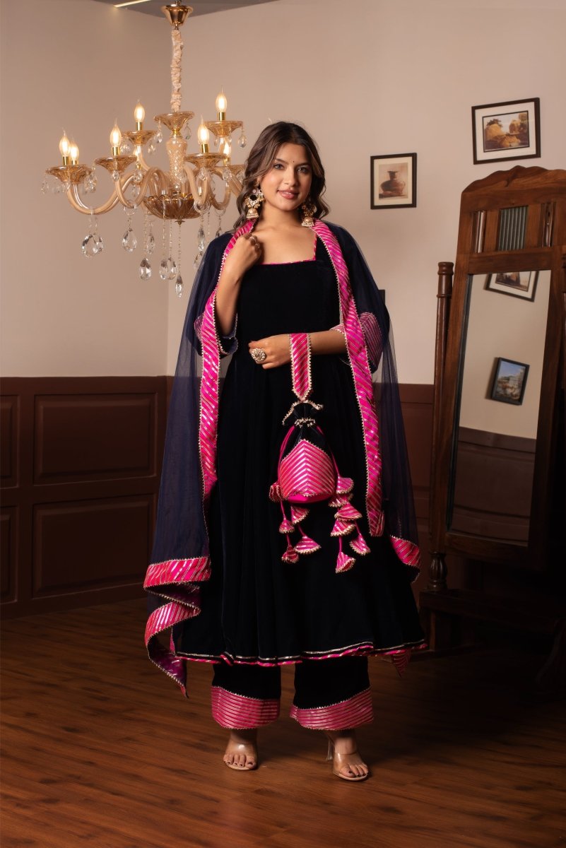 GHAZAL ROYAL BLUE VELVET GOTA PATTI ANARKALI WITH SOFT NET DUPATTA - Pomcha Jaipur