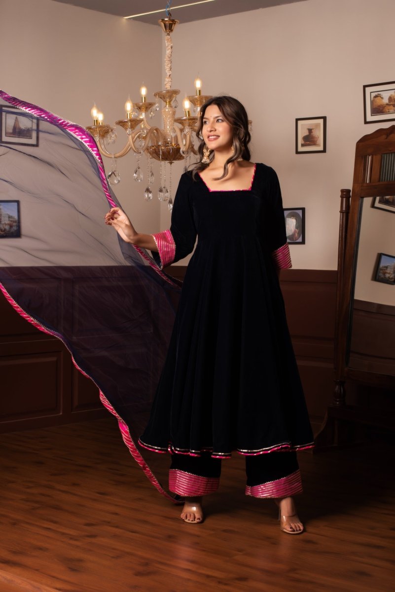 GHAZAL ROYAL BLUE VELVET GOTA PATTI ANARKALI WITH SOFT NET DUPATTA - Pomcha Jaipur