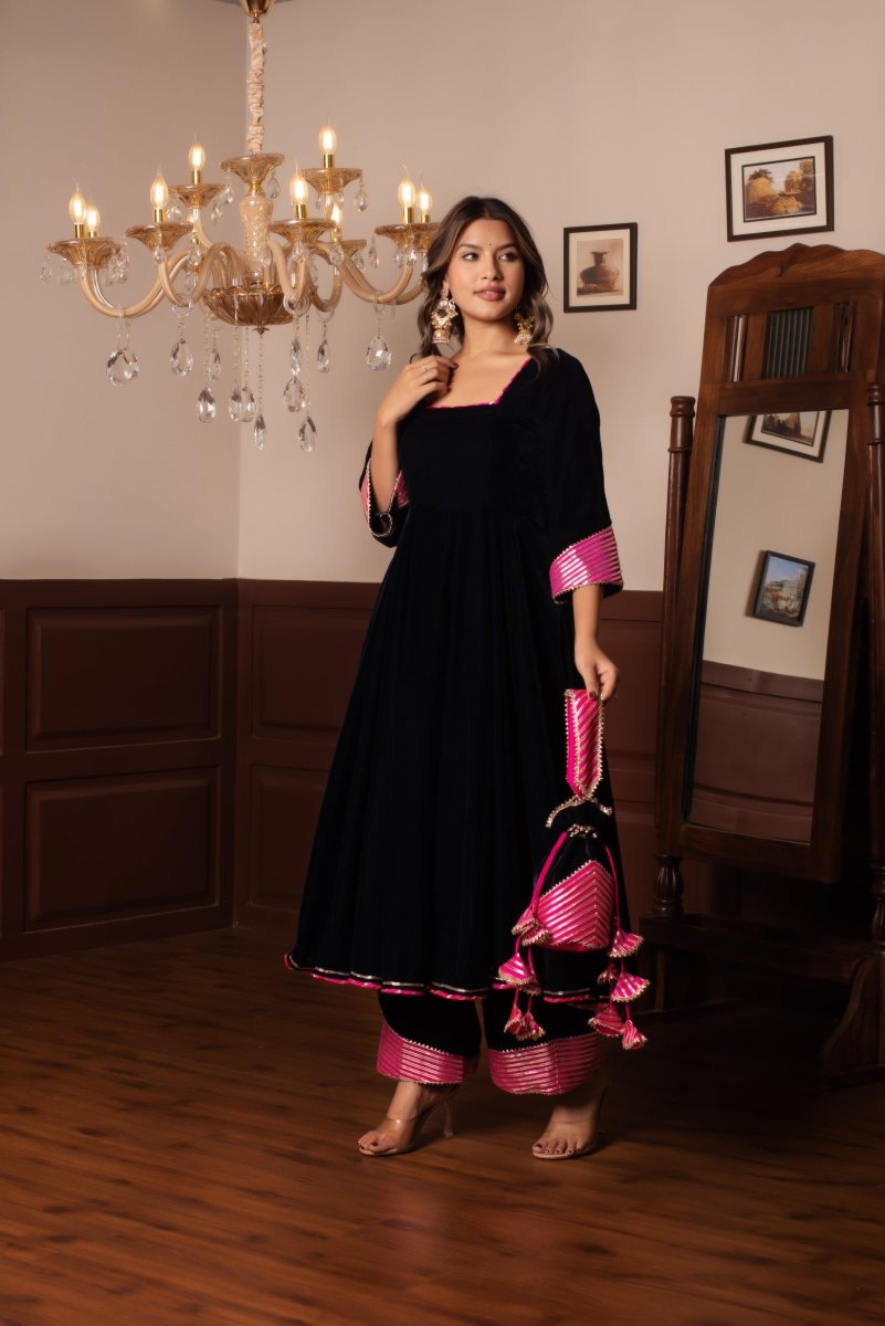 GHAZAL ROYAL BLUE VELVET GOTA PATTI ANARKALI WITH SOFT NET DUPATTA - Pomcha Jaipur