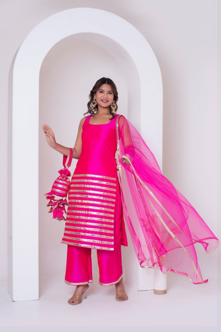 GHAZAL TAFFETA SILK GOTA PATTI SUIT SET WITH SOFT NET DUPATTA - Pomcha Jaipur