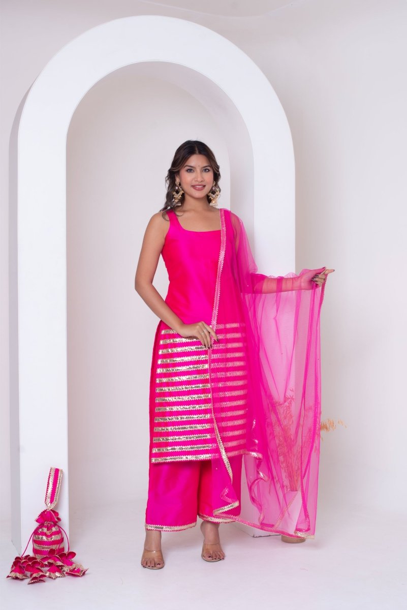 GHAZAL TAFFETA SILK GOTA PATTI SUIT SET WITH SOFT NET DUPATTA - Pomcha Jaipur