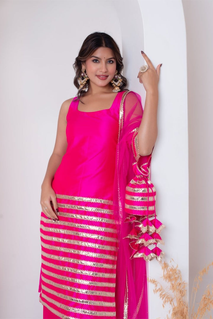 GHAZAL TAFFETA SILK GOTA PATTI SUIT SET WITH SOFT NET DUPATTA - Pomcha Jaipur